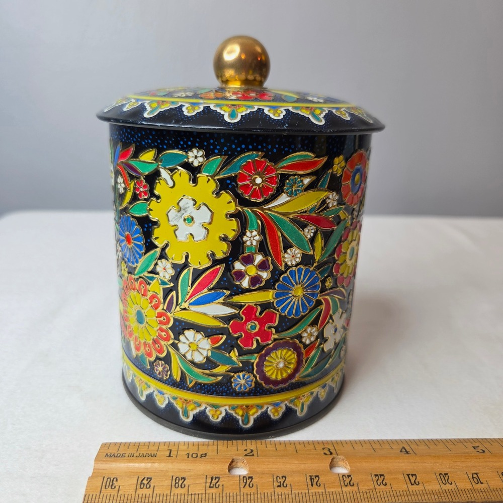 Vtg Daher Floral Metal Tin Canister 11101 England Black Multi Color Tea Biscuit